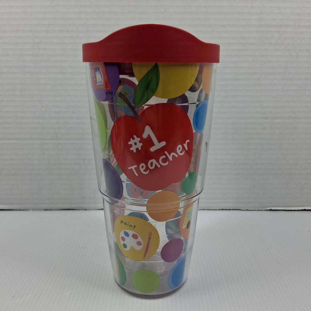 Tervis 24oz Insulated Tumbler #1 Teacher School Bus Apple Red Lid Travel Mug